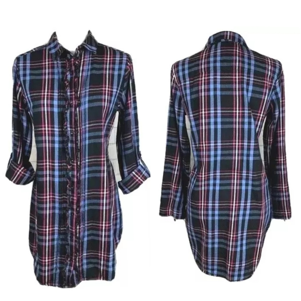 Betsey Johnson Intimates Black Purple pink plaid long sleeve sleep shirt sz L